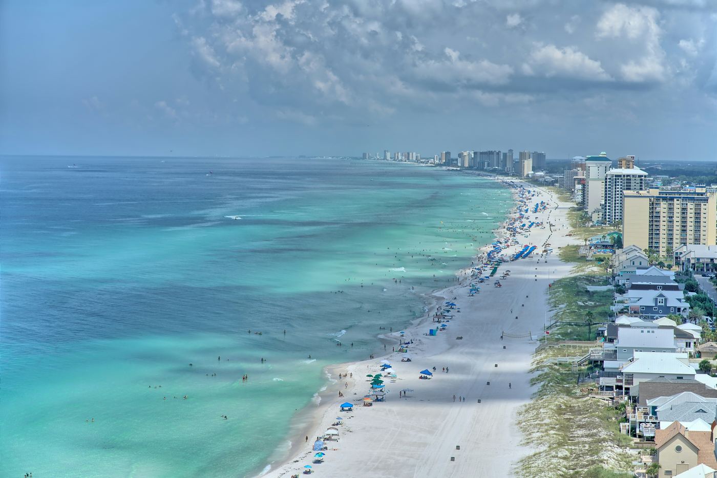 Aerial view of a Panhandle beach with condos and turquoise water